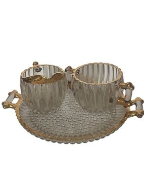 Vintage 40's Jeannette Glass National Pattern Creamer & Sugar w/Tray Gold Trim